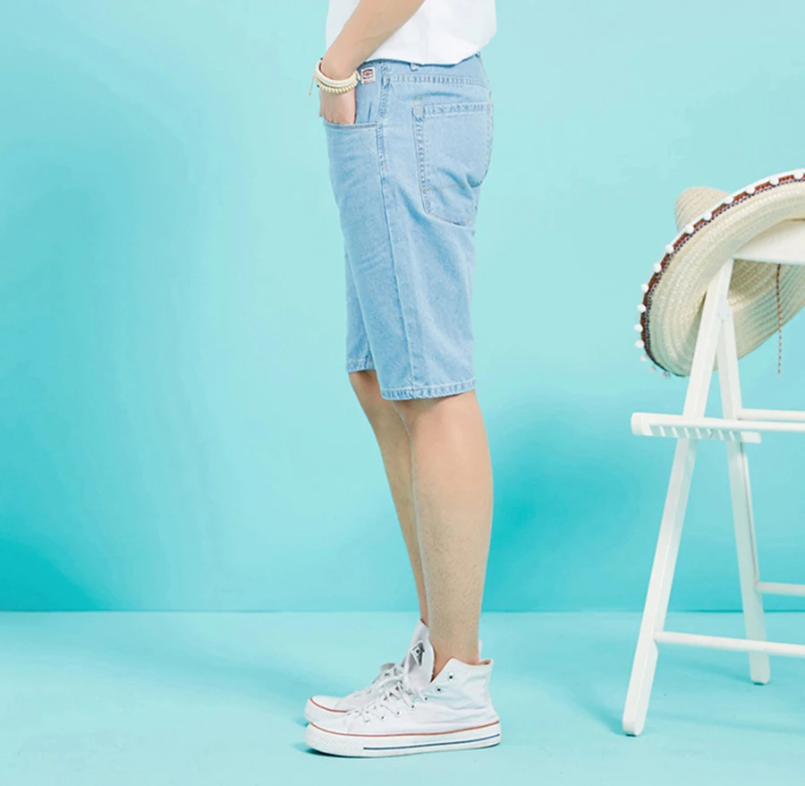 Хлопковые мужские джинсовые шорты летние тонкие Модные Стрейчевые до колена