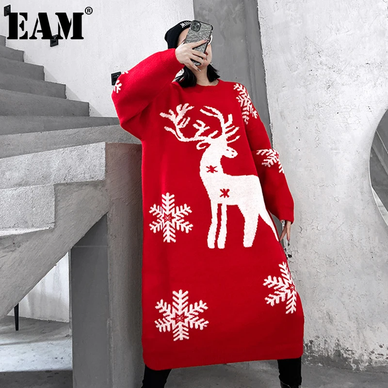 

[EAM] Women Red Pattern Big Size Knitting Dress New Round Neck Long Sleeve Loose Fit Fashion Tide Autumn Winter 2021 1DE3651