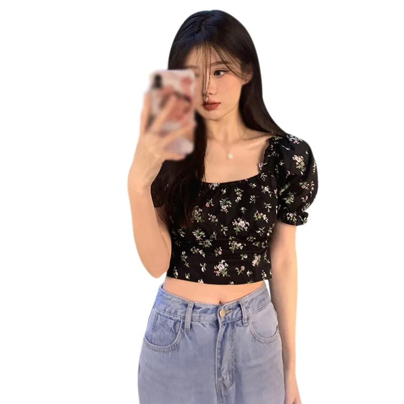 

Vintage Floral Blouse Summer Square Collar Women Short Designer Tops Spring Casual Korean One-Piece Clothing Ladies