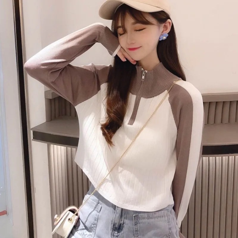 Осенняя водолазка свитер на молнии вязаный пуловер пэчворк тонкий мягкий