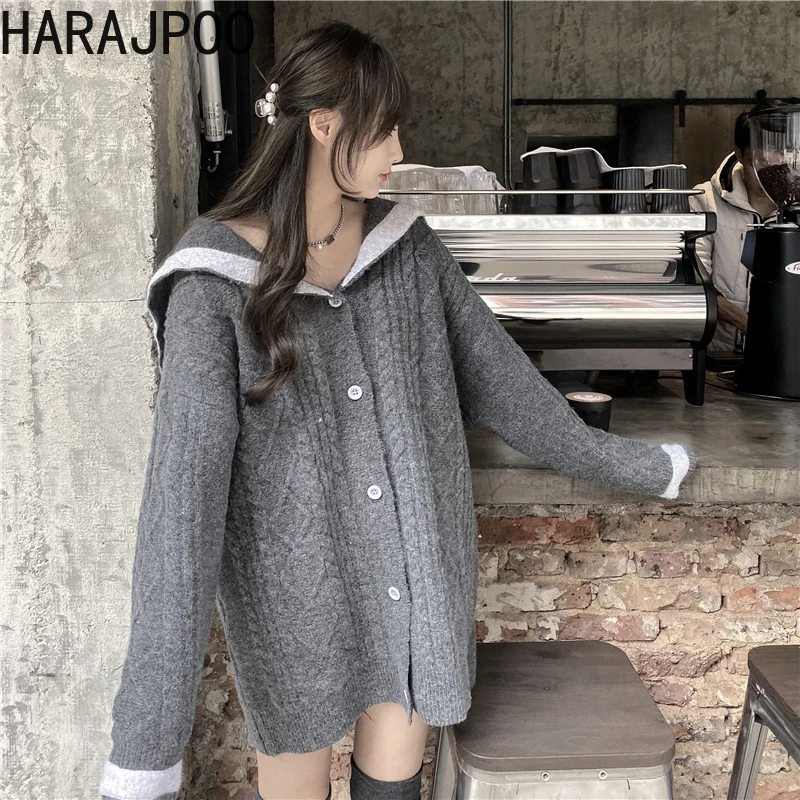 

Женский трикотажный свитер Harajpoo, серое однотонное длинное пальто с темно-синим воротником, винтажная модная одежда в стиле Харадзюку Y2k на о...