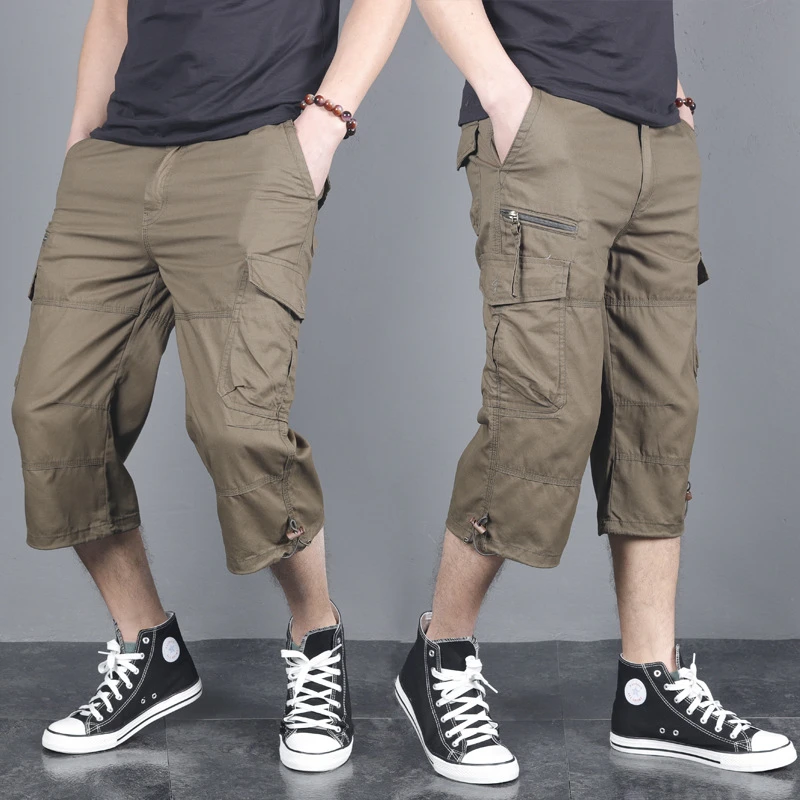 

2020 Men's Summer Breeches Long Shorts with Pockets Military Zipper Cargo Shorts Tactical Bridges Short for Men Army Green Khaki