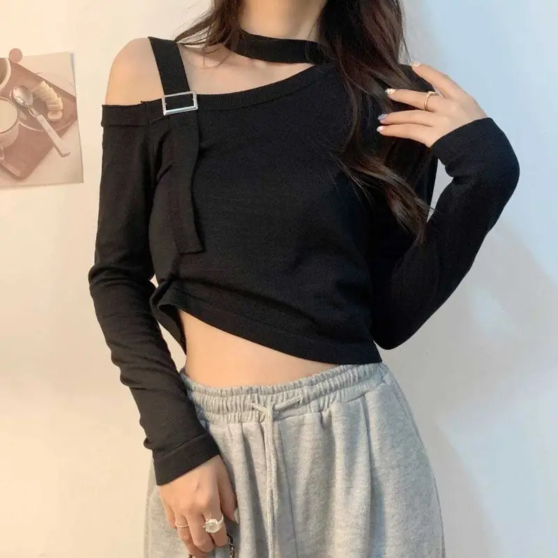 

Aesthetic T-shirt Women Irregular Long Sleeve T-shirt 2022Spring Autumn New Korean Fashion Solid Strapless Halter Slimming Tops