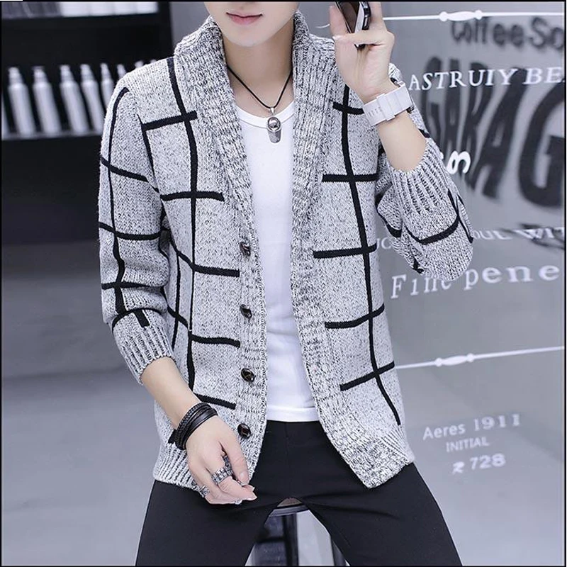 

2019 Autumn Winter Cardigan Men V Neck Sweatercoat Men Cardigans Slim Cashmere Striped Knitted Mens Sweaters