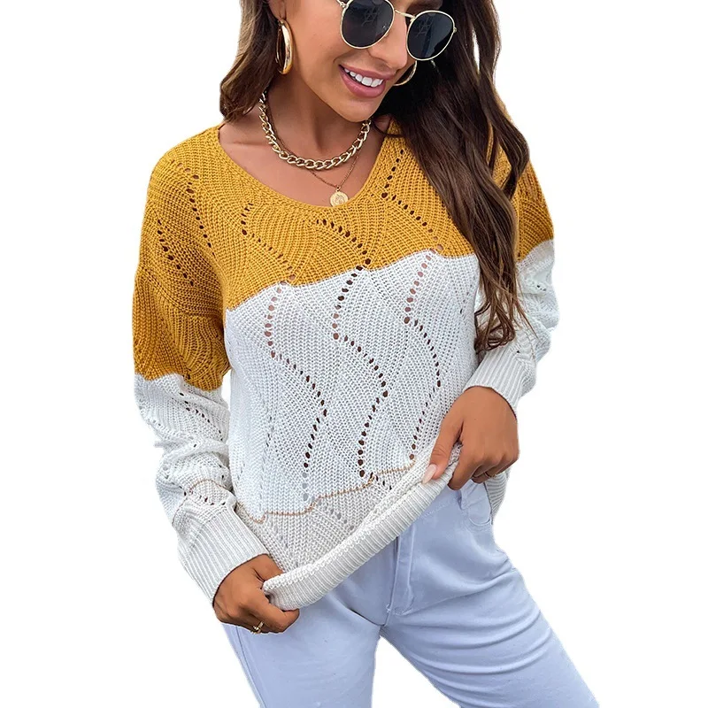 

2021 Fashion Women's Sweater New Autumn Casual Hot Sale Round Neck Pullover Color Matching Loose Openwork Knitted Sweater