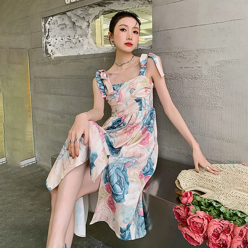 

XIZIHUPAN Vintage Print Dress For Women Square Collar Sleeveless High Waist Lace Up Midi Dresses Female Summer Fashion New 2021