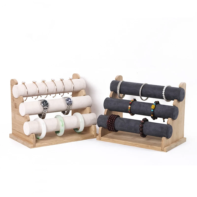 Removalbe 3 уровня браслет из бамбука дисплей бархатная Подставка органайзер для