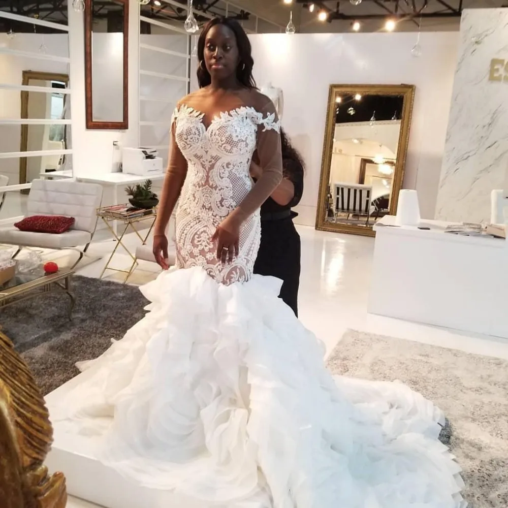 

New African Mermaid Wedding Dresses Lace Appliques Cascading Ruffles Skirt Lace-Up Back Bridal Gowns vestidos de novia