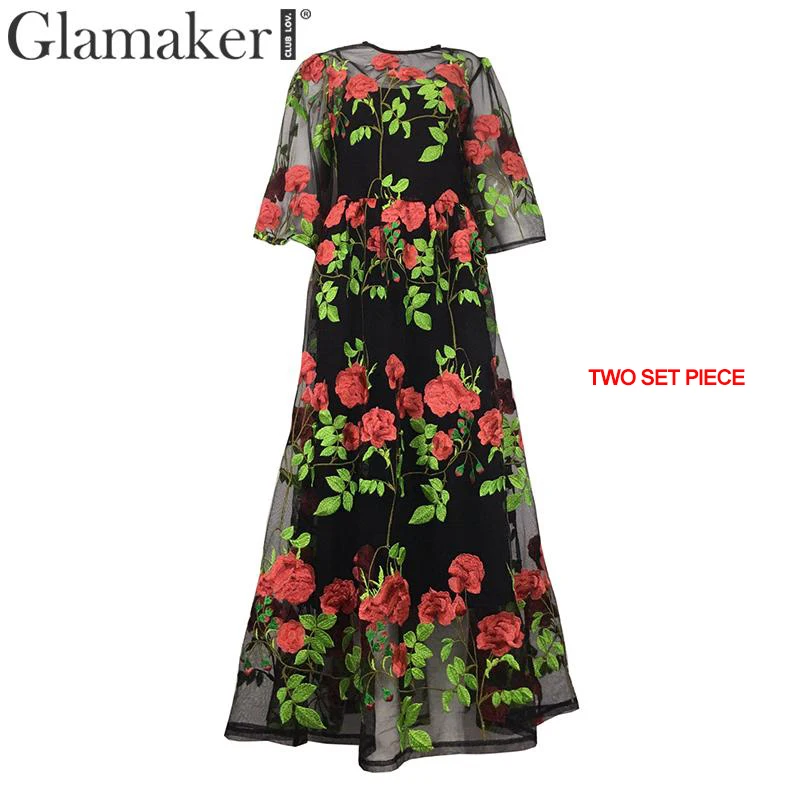 RED PRINT Glamaker, сексуальное Сетчатое винтажное платье макси с цветочной вышивкой, женское осеннее пляжное платье с открытой спиной, женское Элегантное Длинное Платье - Цвет: RED PRINT