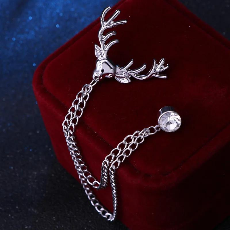 Vintage Metal Small Elk Brooch Rhinestone Tassel Chain Lapel Pin Suit Shirt Collar Badge Brooches Men's Christmas Jewelry | Украшения и