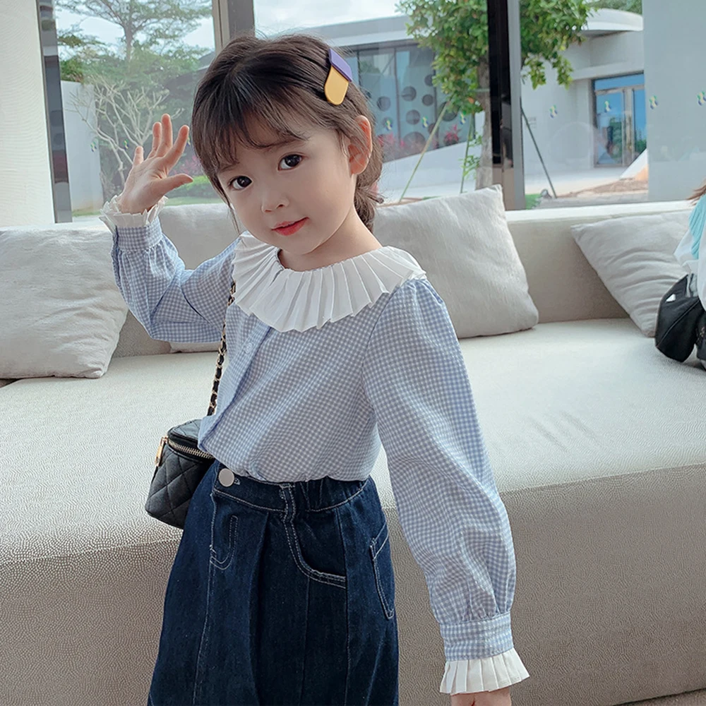 

New Fashion Kids Clothes Sets Baby Girls Blue Plaid Blouse Tops+Suspender Denim Trousers 2Pcs Children Overalls Jeans+Shirt