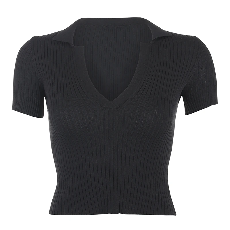 

2021 Y2k Fashion Knitted POLO Collar Short Sleeve T-shirts Casual All-match Street Slim Solid Color Tee Top Summer Women Clothes
