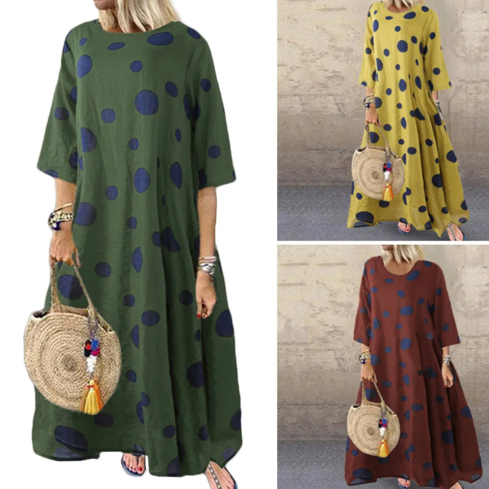 Женское длинное платье в горошек свободное хлопково-льняное Платье макси с