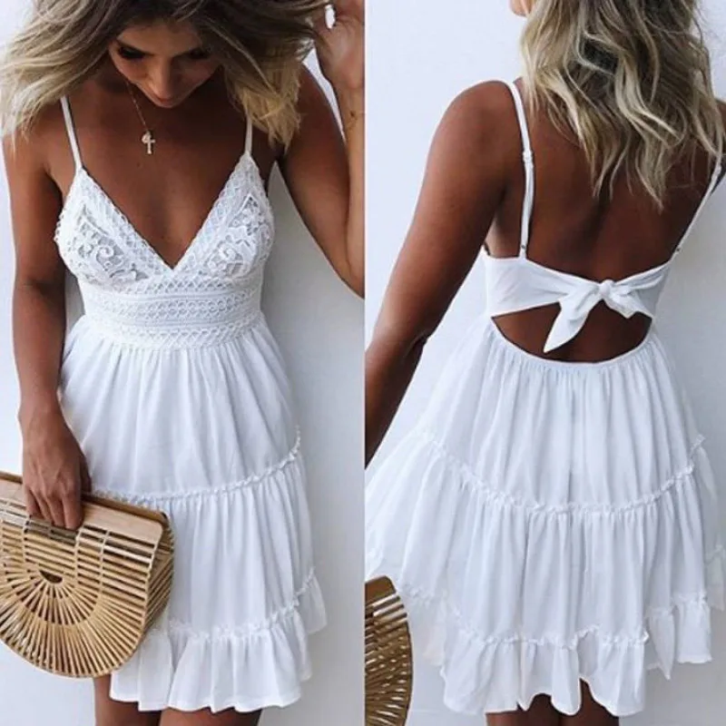 

2021 Women Summer Dress Sleeveless Mini Ruffle White Summer Beach Dress black Sexy Bow Backless V-neck Mini Beach Dresses