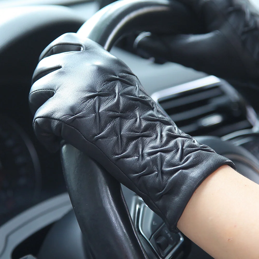 Real Leather Gloves Female Autumn Winter Thermal Plus Plushed Lined Fashion Black Driving Women Sheepskin Gloves L016NC