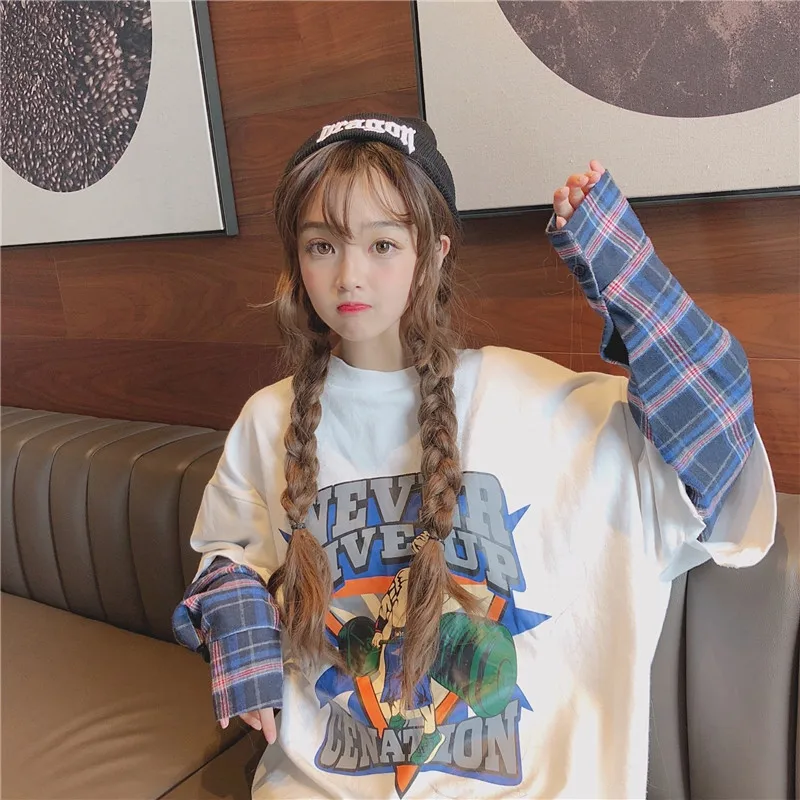 Женская свободная толстовка с длинными рукавами в стиле Харадзюку из двух частей