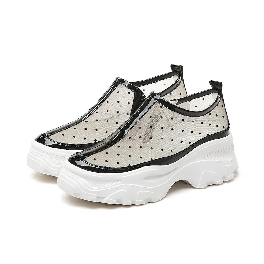 Женские туфли на танкетке в горошек из коровьей и сетчатой кожи размеры 34