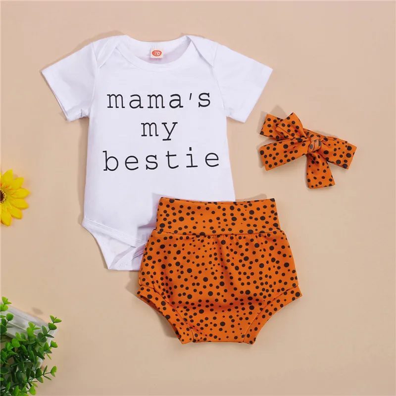 

3Pcs Baby Girls Outfit Summer Short Sleeve Round Collar Letter Romper + Dot Printing Shorts + Bow Headwear Set