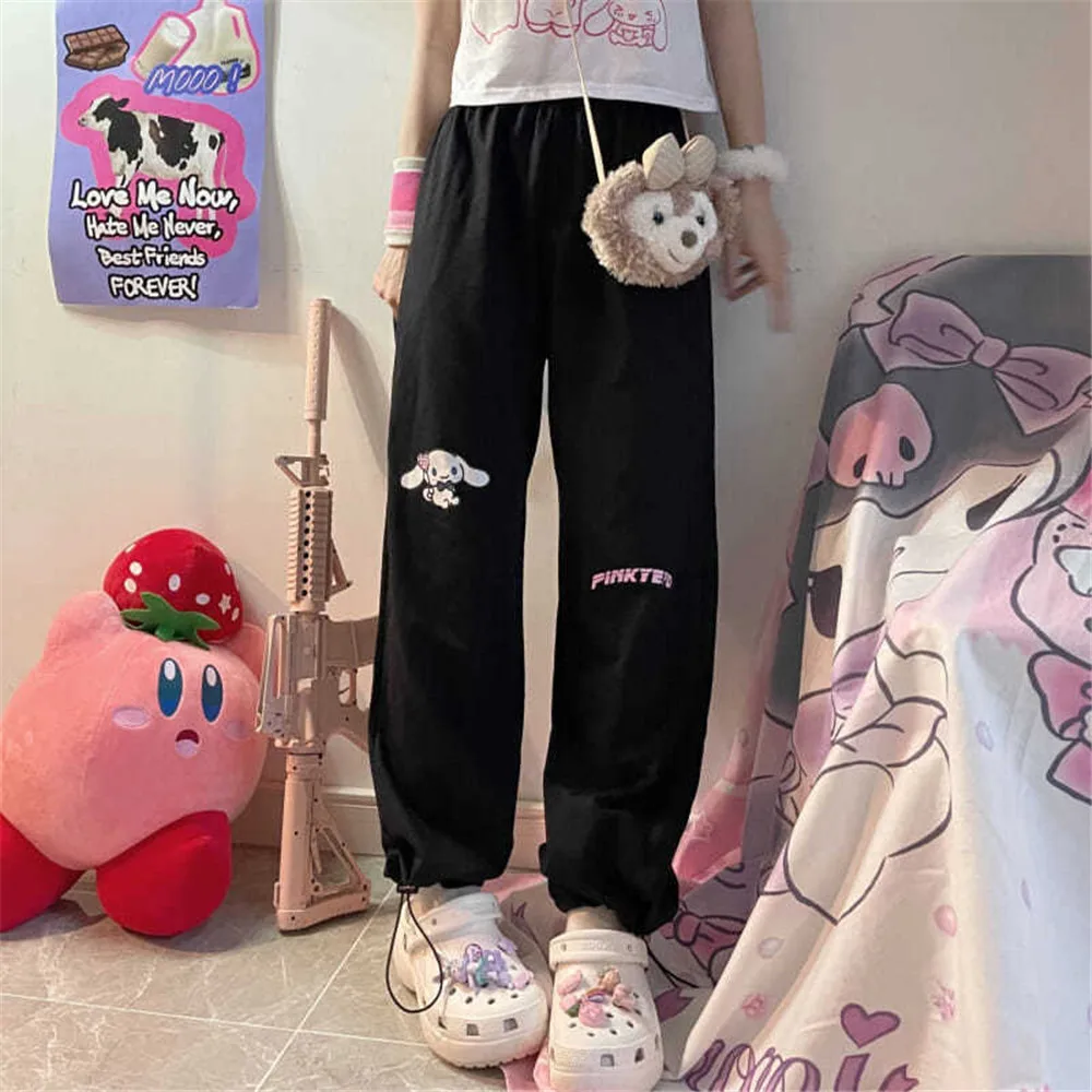 

Black Cartoon Dog Print Pants Fashion Girl Harajuku Amine Pants Harajuku Casual Funny Straight Trousers Kawaii High Street Pants