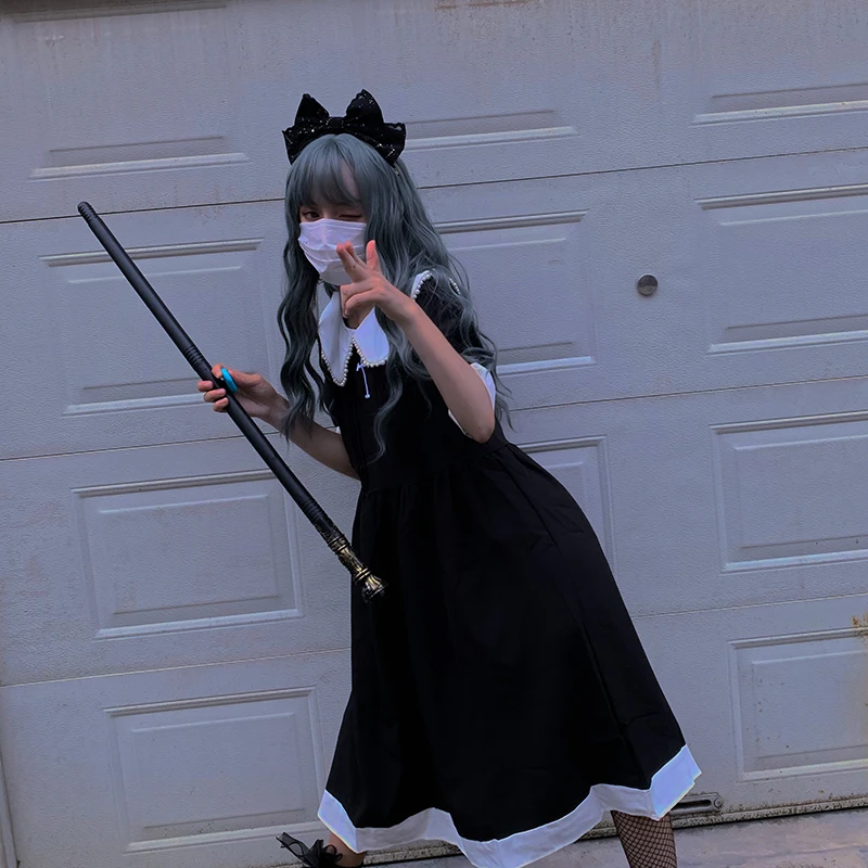 Женское летнее платье в японском стиле колледжа с вышивкой из темно-синего