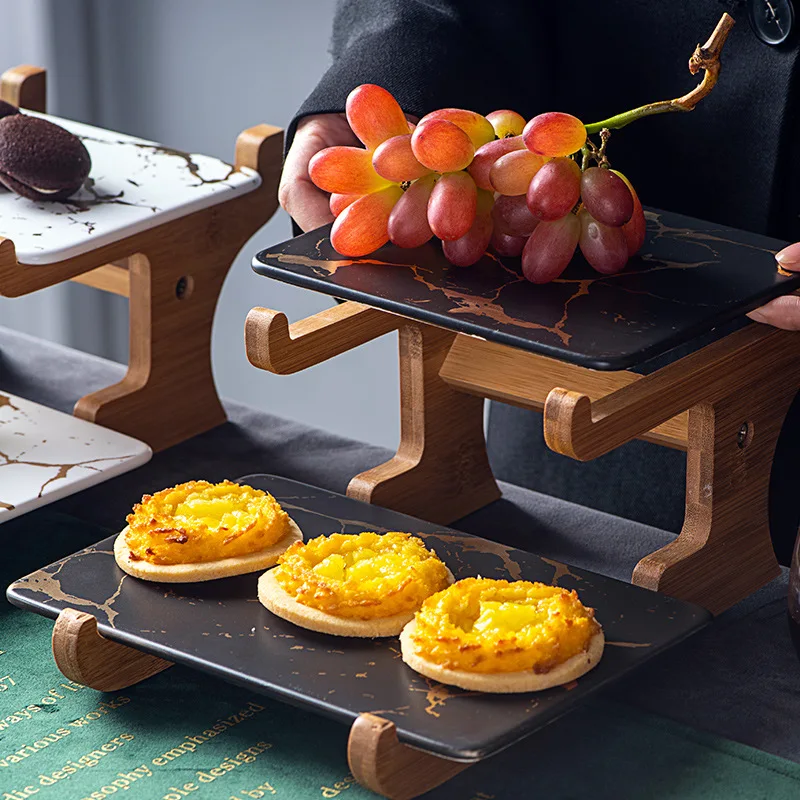 

Marbling Ceramic Cake Rack Afternoon Tea Snack Double Wooden Frame Snack Table Decoration Fruit Plate Dessert Plate