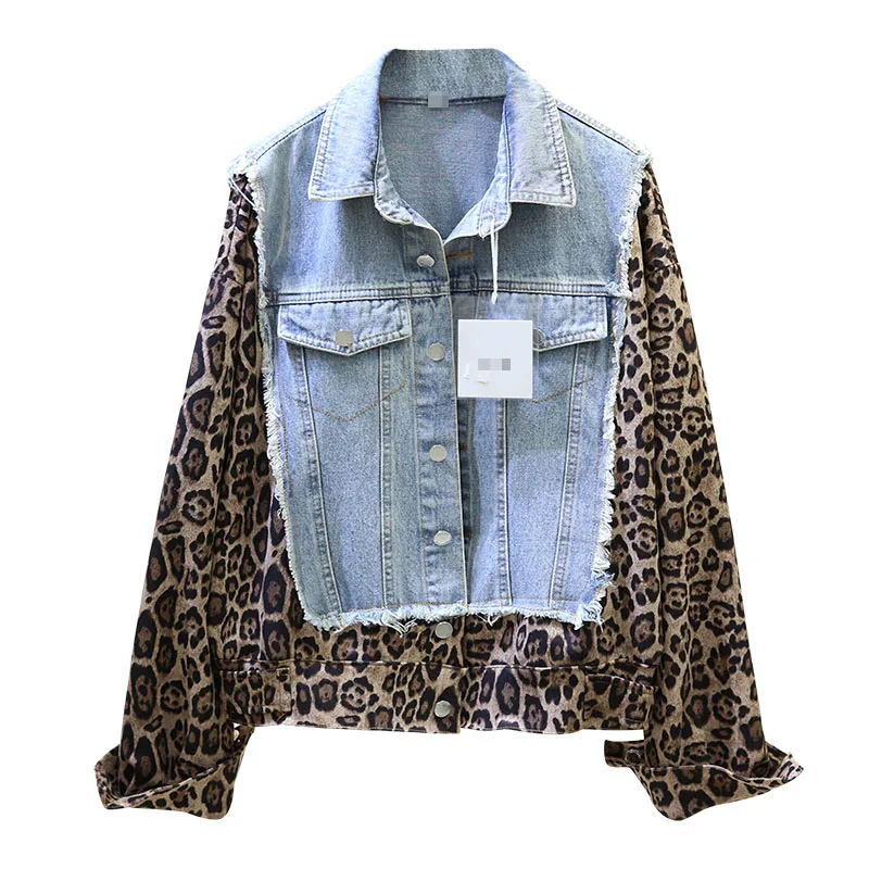 

New Trendy Denim Coat Early Autumn for Ladies Loose Tops Fashion Girls Blue Jean Beading Patch Designs Leopard Jacket Women