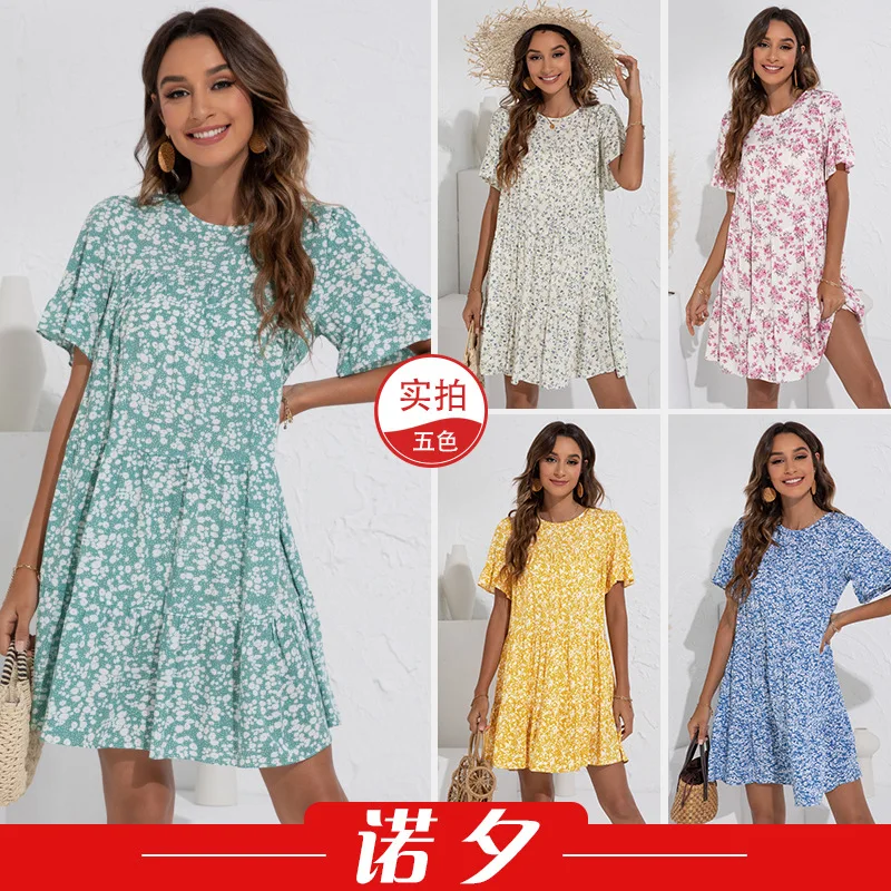 

2021 summer new round collar broken beautiful lotus leaf sleeve loose dress