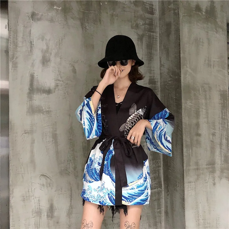 Кимоно женское с принтом юката японская одежда уличная азиатская кардиган