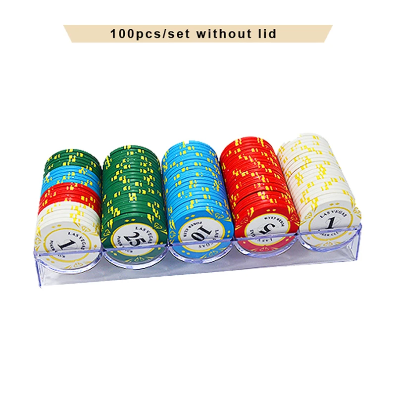 100pcs without lid 100/200 шт в стиле Лас-Вегаса с изображением казино покера глины фишки для покера комплект Изготовленный На Заказ Акриловая чип коробка фишки для покера Техасский Холдем доллар монеты покер Лас-Вегасе - Цвет: 100pcs without lid