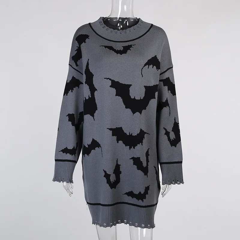 

2021 New Bat Graphic Printed Gothic Oversize Sweaters Long Sleeve Loose Dark Grey Women Pullovers Ruched Hem Fashion Streetwear