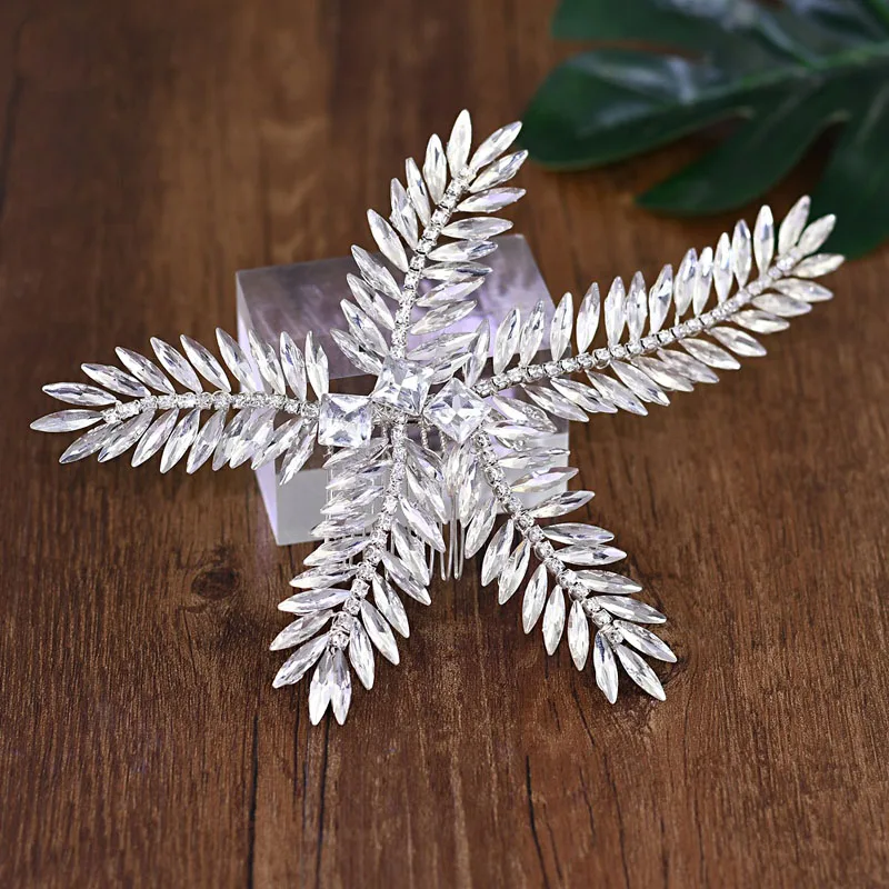 

SLBRIDAL Alloy Silver Color Crystal Rhinestones Starfish Wedding Hair Comb Bridal Hair Accessories Bridesmaids Women Jewelry