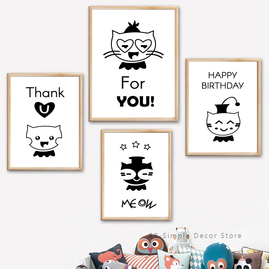 

Black White Cat Owl Stars Quote Cartoon Wall Art Canvas Painting Nordic Posters And Prints Kids Room Decoration Pictures