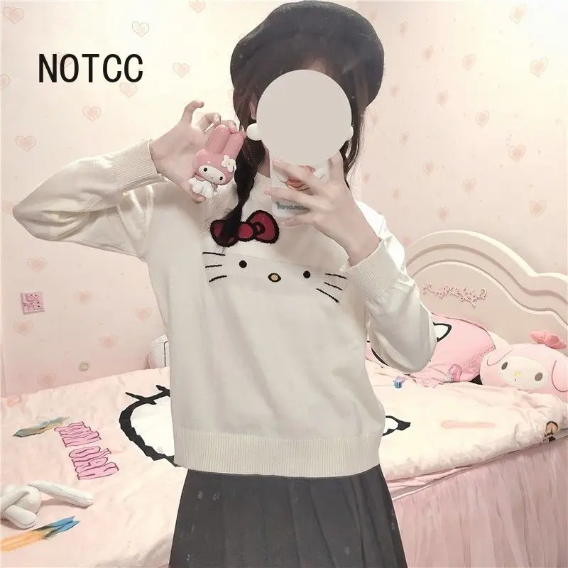 

NOTCC Kitty Face Knitted Sweater Women Spring Sunmer Soft Knitwear Pullover Jumper Y2k Tops Thin Loose Clothes