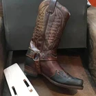 Осенне-зимние женские Модные Винтажные длинные сапоги, повседневные кожаные сапоги с вышивкой, высокие женские сапоги в Западном ковбойском стиле на низком каблуке