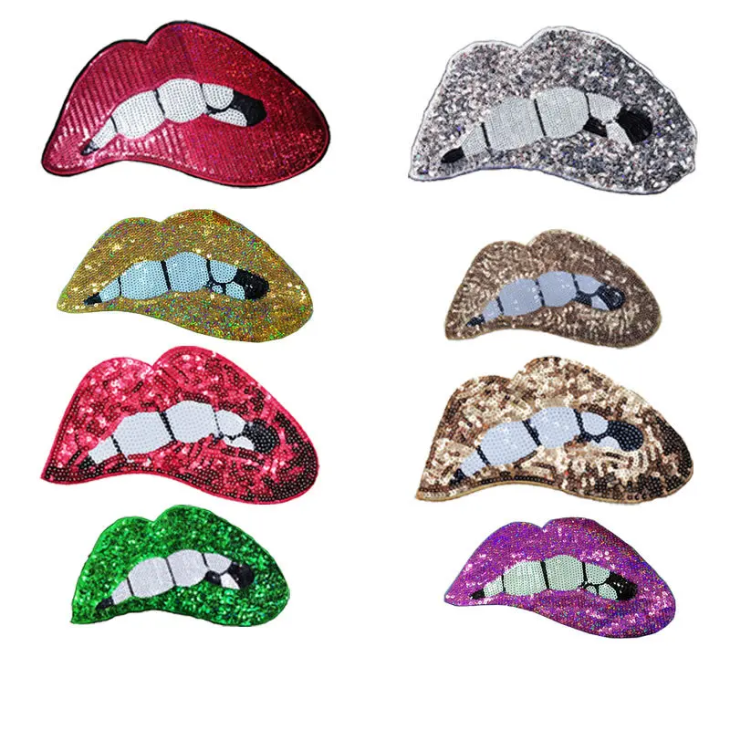 

2021 New DIY Big Lip Mouth Patches Applique Sewing Handmade Bling Bling Sequins Patch for Clothing Embroidered Embroidery 1pc