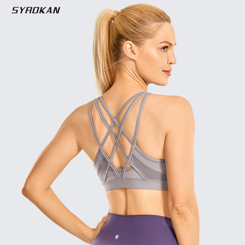

SYROKAN Women's Strappy Sports Bras V Neck Medium Impact Wirefree Padded Yoga Bras with Built in Bra