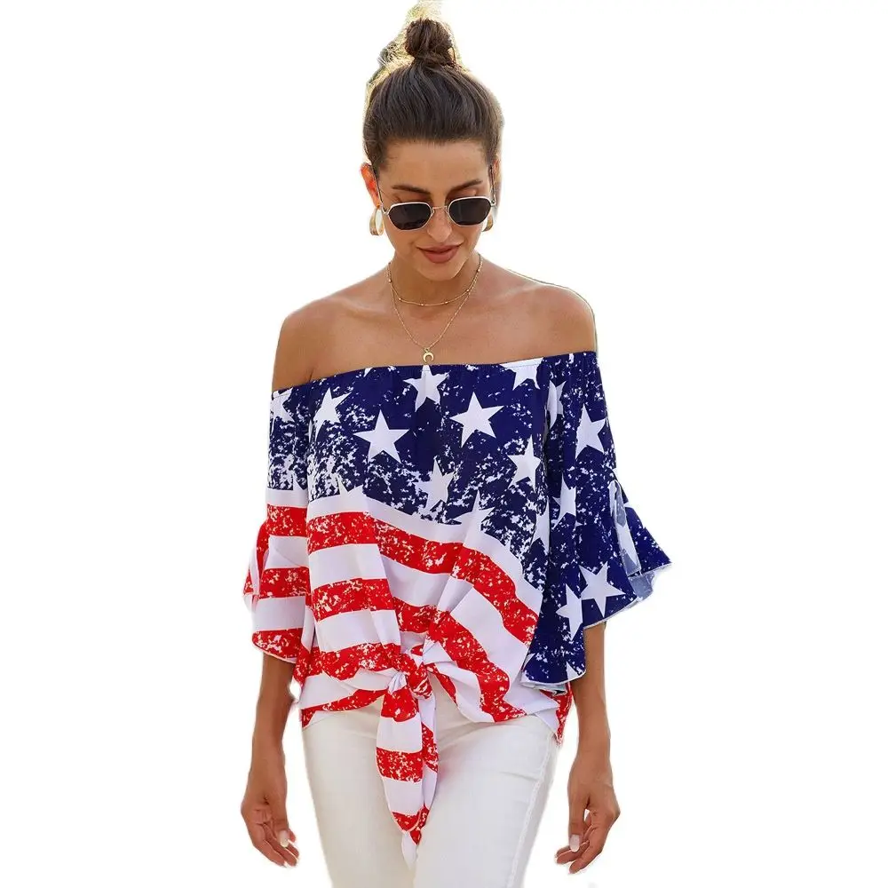 

woman women blouse girl's printed shirt women's 2021 spring summer new European bra one neck tie top fashion sexy casual wear