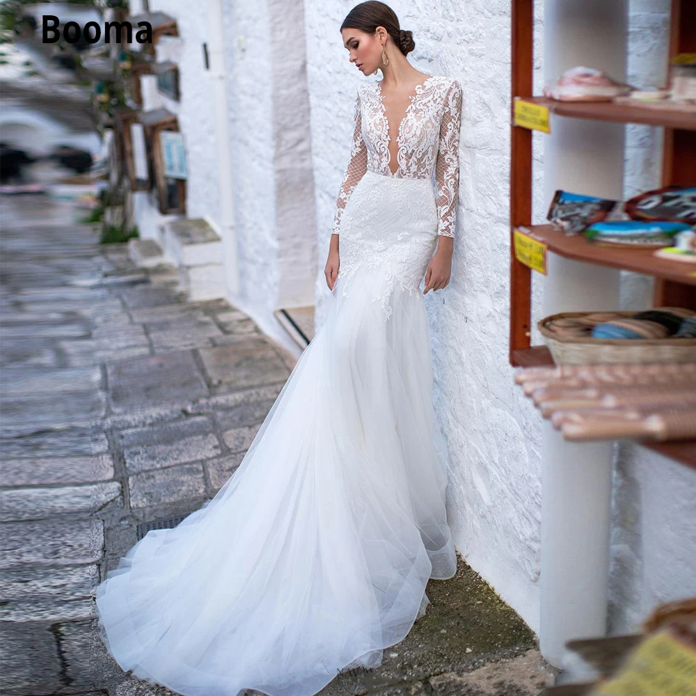 

Booma Elegant Lace Appliques Wedding Dresses Mermaid with Long Sleeve Open Back Illusion White Tulle Bride Gown Court Train