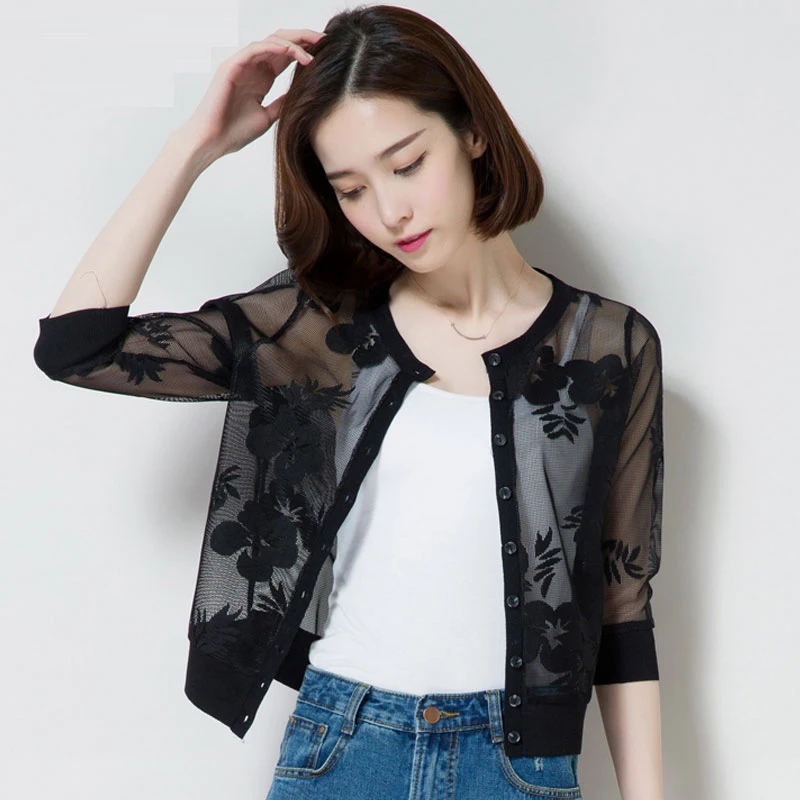 

Summer Half Sleeve Shawl Short Jacket Women's Sunscreen Shirt Tops Thin Mesh Lace Jacket Cardigan See-trough