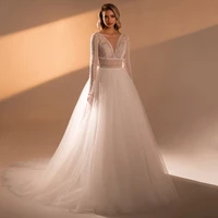 boho tulle a line lace long sleeve wedding dress bridal gowns 2021 sheer v neck court train button back robe de mari%c3%a9e