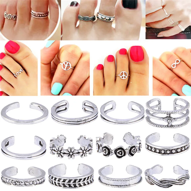 

12Pcs/Set Jewelry Trendy Wholesale Mix Celebrity Simple Fashion Retro Carved Flower Adjustable Toe open Ring Foot for Women