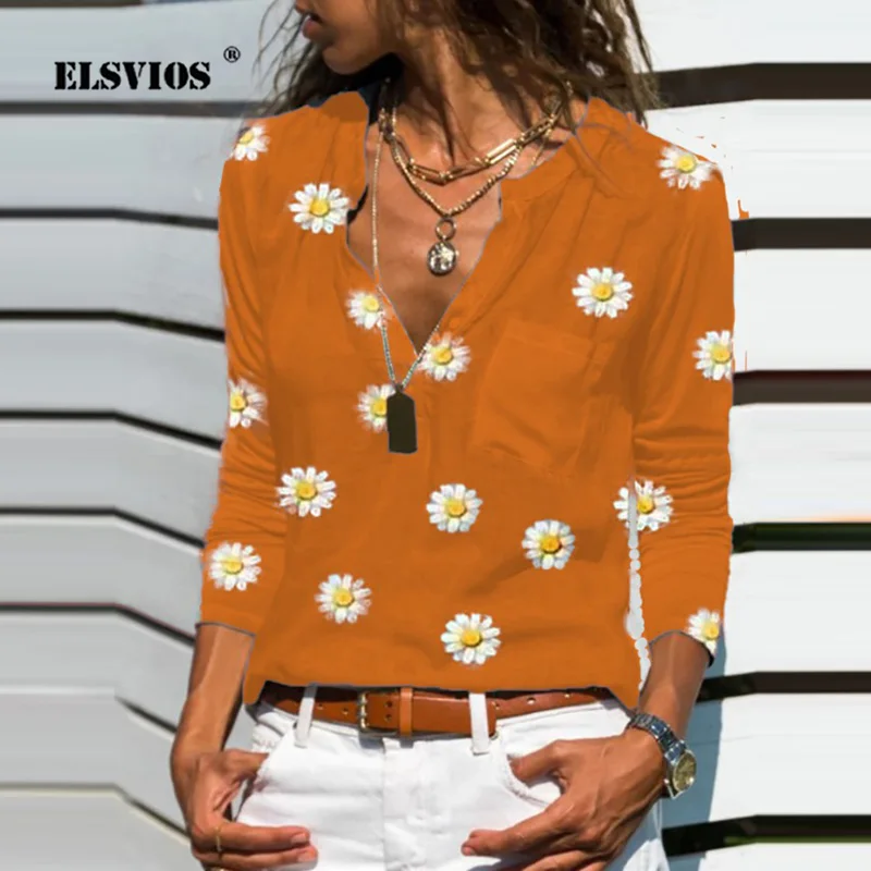 

Новые с модным принтом в виде ромашек Колоритное Повседневное платье с длинными рукавами Элегантная блузка женская сексуальная туника с v-о...