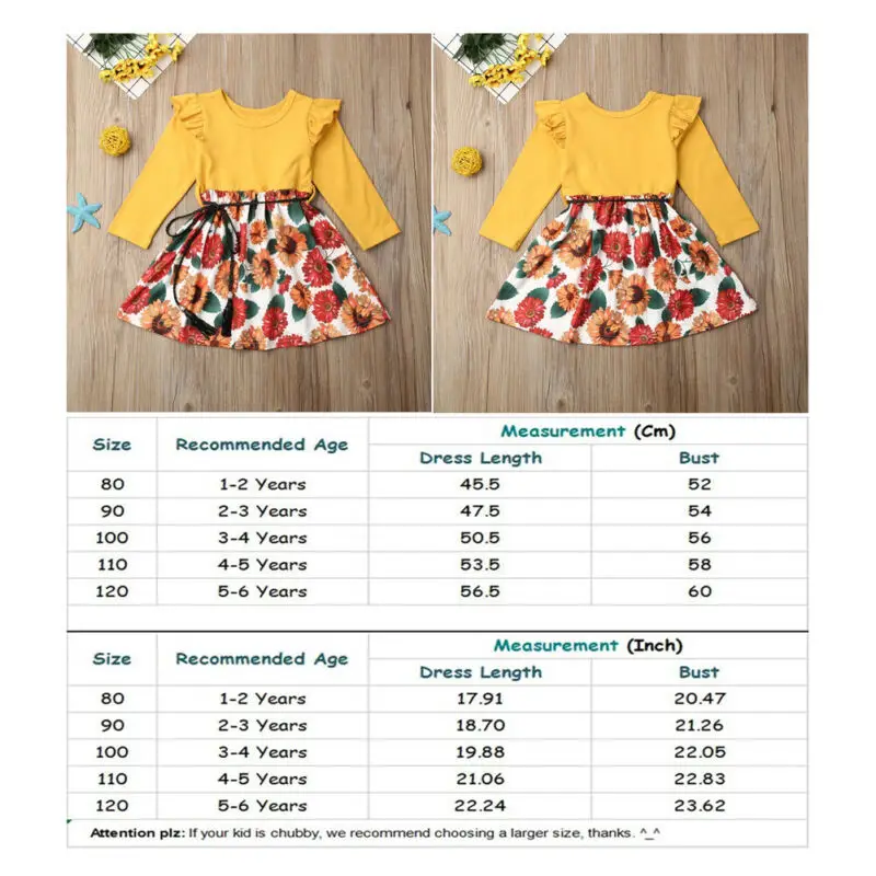 

Lovely Kids Baby Girl Sunflowers Dress Ruffles Long Sleeve Floral Spliced Dress Kids Girl Clothing Drawstring Waist A-Line 1-6Y