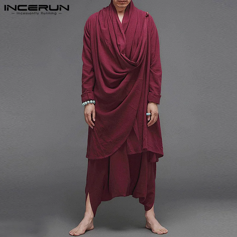 INCERUN Solid Color Men Sets Cotton Streetwear Turtleneck Long Sleeve Irregular Cloak Coats Drop Crotch Pants Vintage Mens Suits