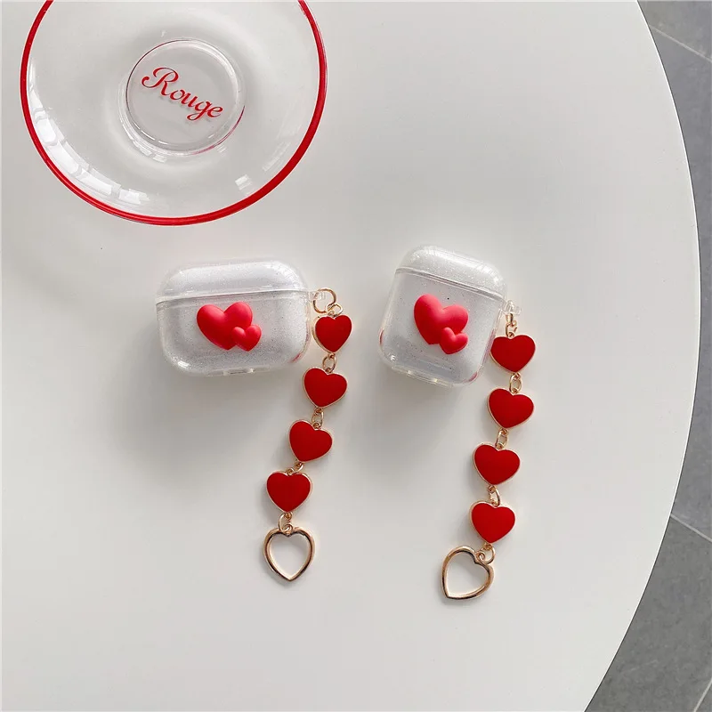 

Новинка симпатичный чехол для наушников с красными сердечками для Airpods 1 2 Блестящий Прозрачный мягкий чехол для наушников из ТПУ