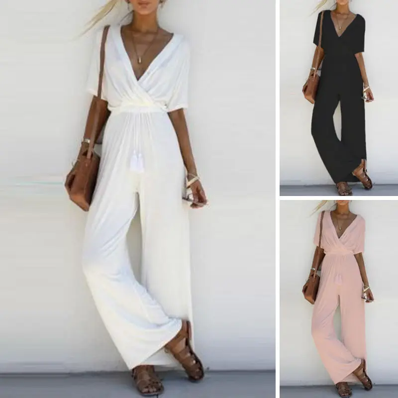 

Women V Neck Loose Playsuit Party Ladies Romper Short Sleeve Long Jumpsuit