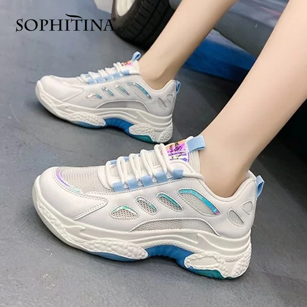 

SOPHITINA Mesh Breathable Sneakers Women Color Matching Explosion Style Increased Thick Bottom Casual Lace-up Female Shoes DO873