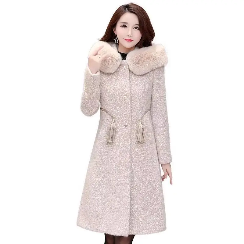 

Шуба из меха норки, новинка, женское меховое пальто выше колена из искусственного меха, с капюшоном и большим меховым воротником, Модная эле...