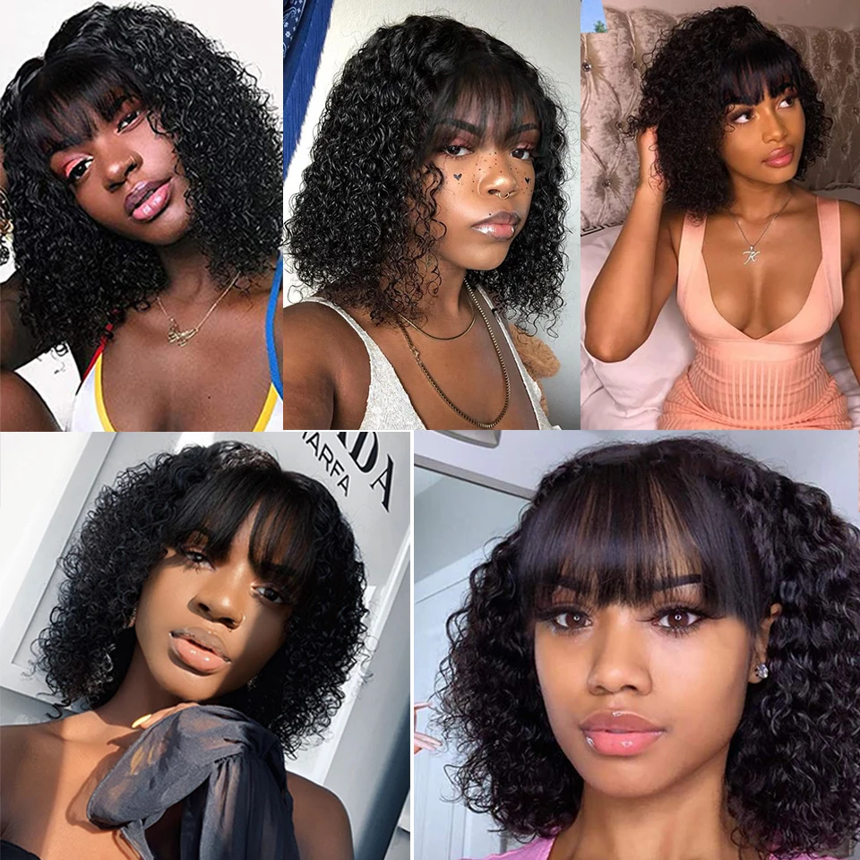 

Geeta Brazilian Kinky Curly Wig With Bangs Human Hair Wigs Remy Hair Wigs For Black Women Full Machine Culry Hair Wig