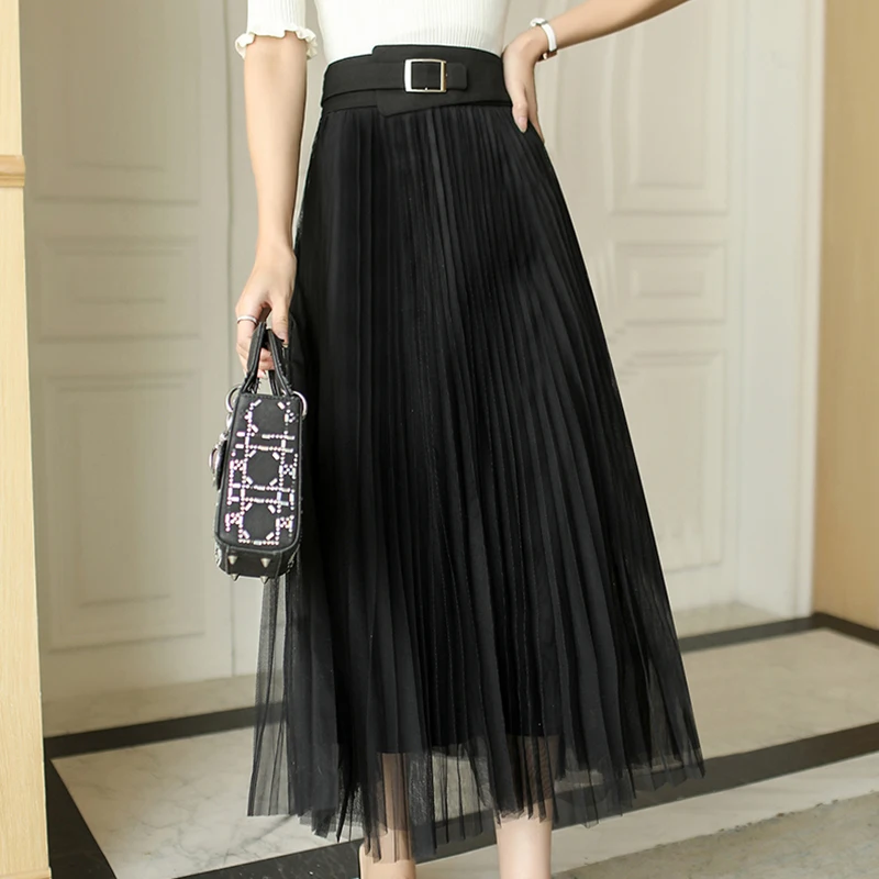 

VGH Black Elegant Irregular Patchwork Mesh Skirt For Women High Waist Sashes Slim Pleated Skirts Female 2021 Summer Fashion